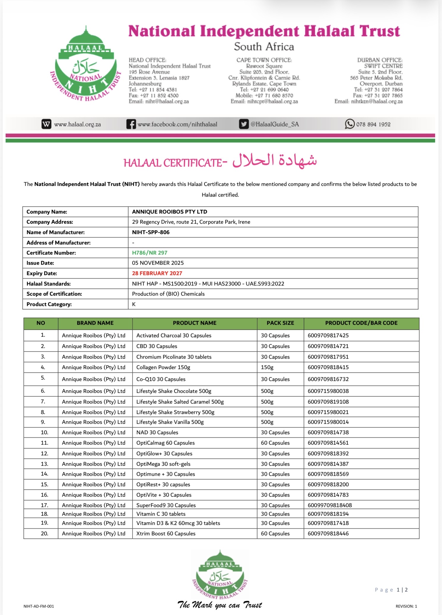 NIHT Halaal certificate page 1, Annique Rooibos Pty Ltd, certificate H786/NR 297