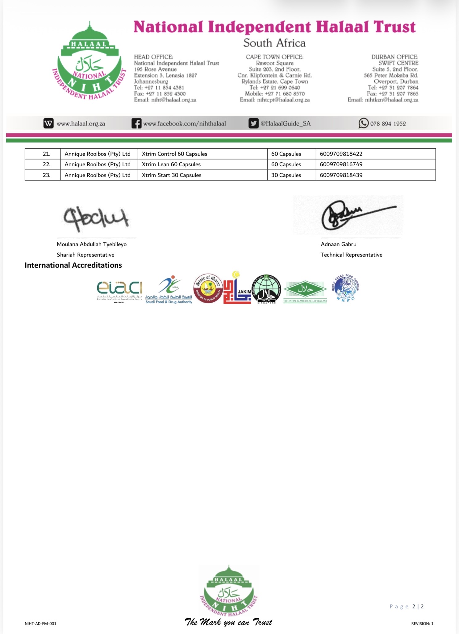 NIHT Halaal certificate page 2, Xtrim capsules, certificate H786/NR 297