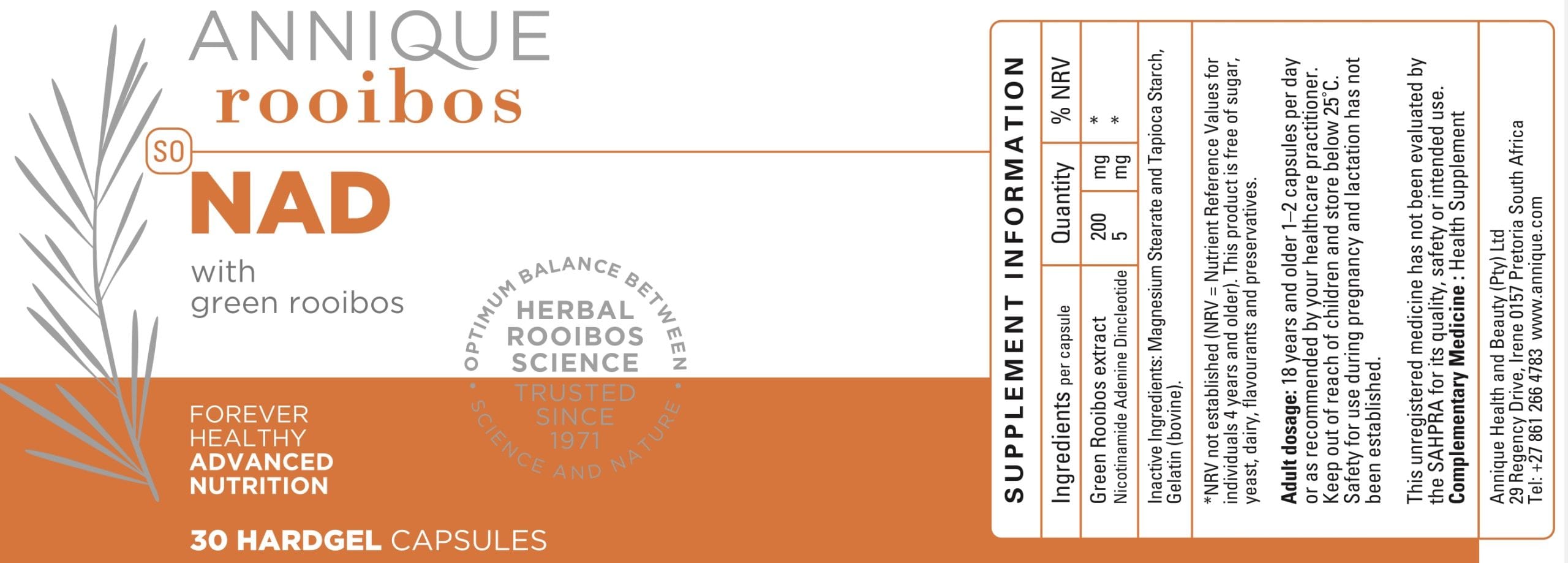 Product label on Annique NAD and Green Rooibos capsules showing ingredients and directions for use